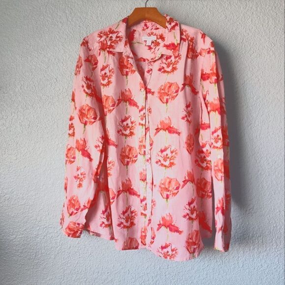 Charter Club 100% linen floral long roll sleeve button down shirt - Picture 1 of 9